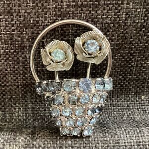Vintage  Flower Basket Brooch, blue flowers, silver toned, 1 1/2” x 1”